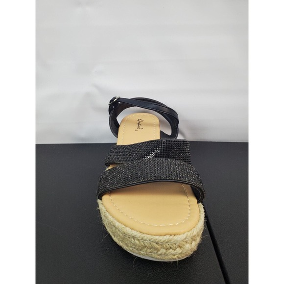 Qupid Daylen Wedge Espadrille Black‎ Tan Sandal Round Toe Straps Womens Size 6 - Picture 5 of 15